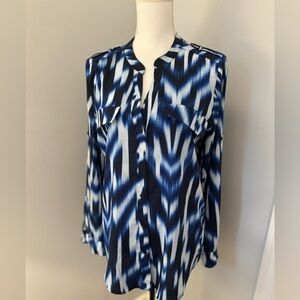 Calvin Klein Lapis Blue Geometric Long Sleeve Blouse. Size M